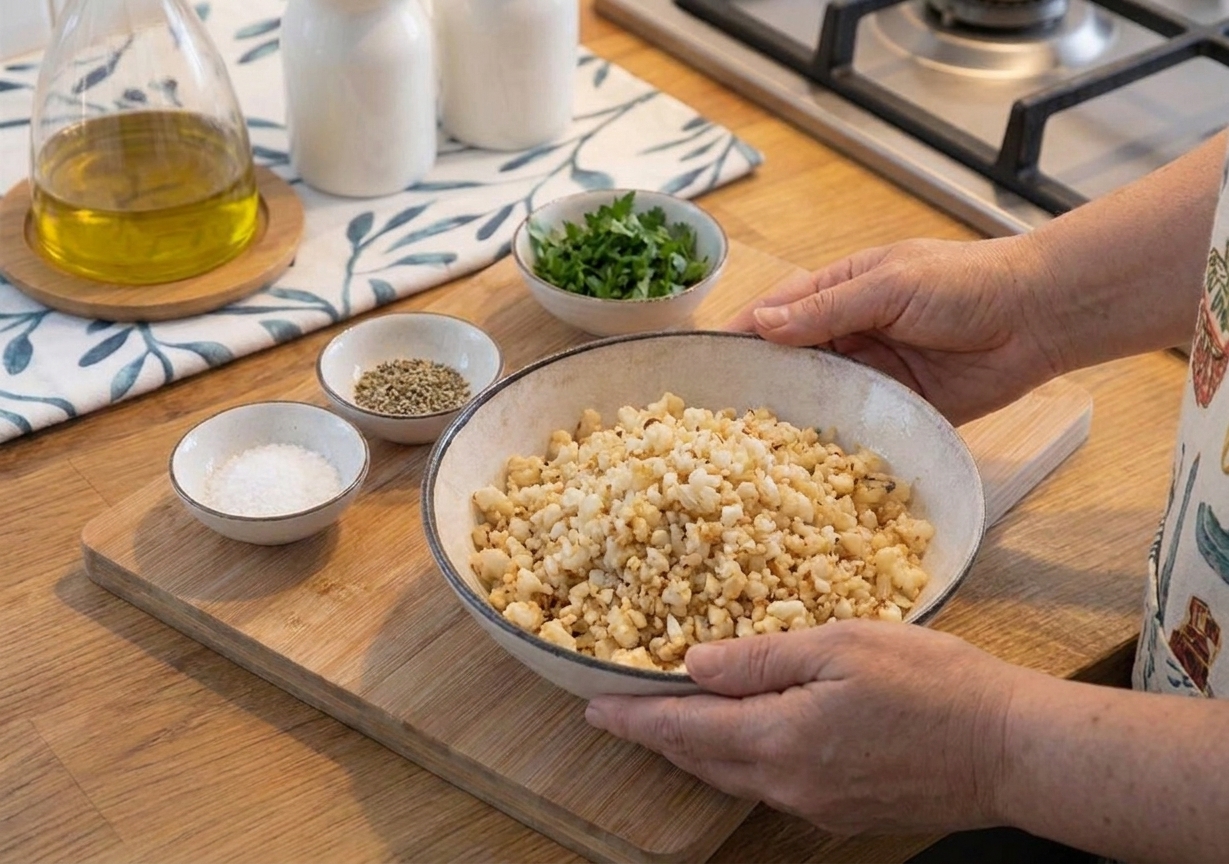 A bowl of cauliflower rice on a kitchen counter beside olive oil, salt, and chopped parsley in small prep bowls