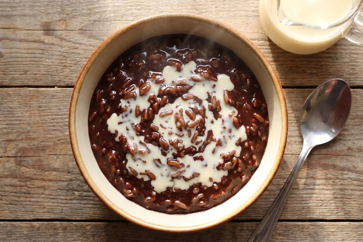 A bowl of champorado with a creamy drizzle of evaporated milk pooling on the surface