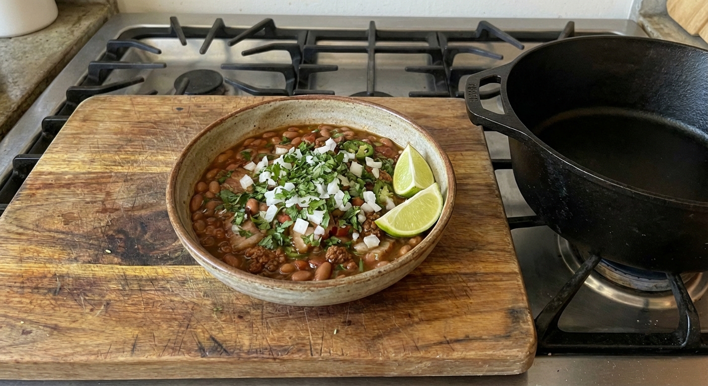 A bowl of charro beans topped with cilantro and diced onion with lime wedges on the side