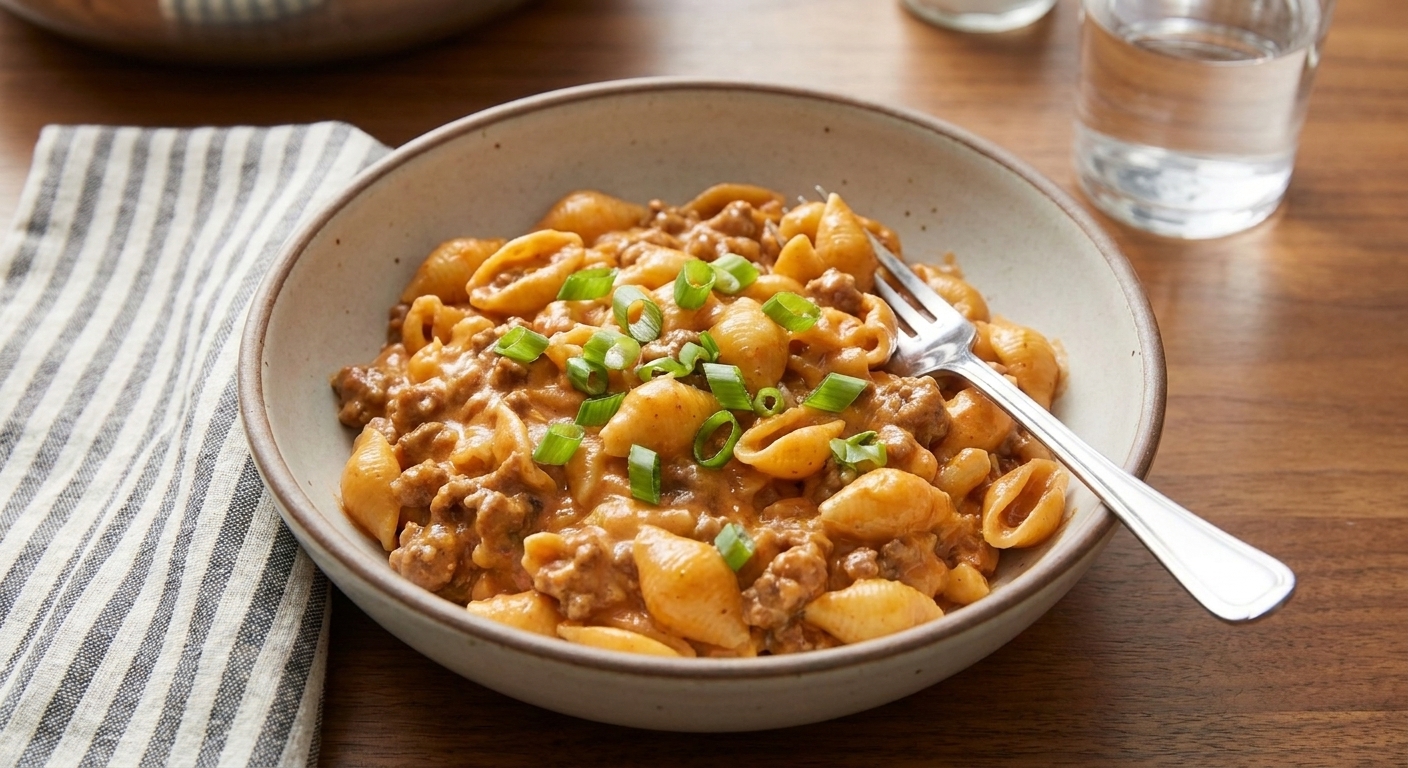 A bowl of cheeseburger macaroni topped with green onions on a dinner table with a fork and napkin