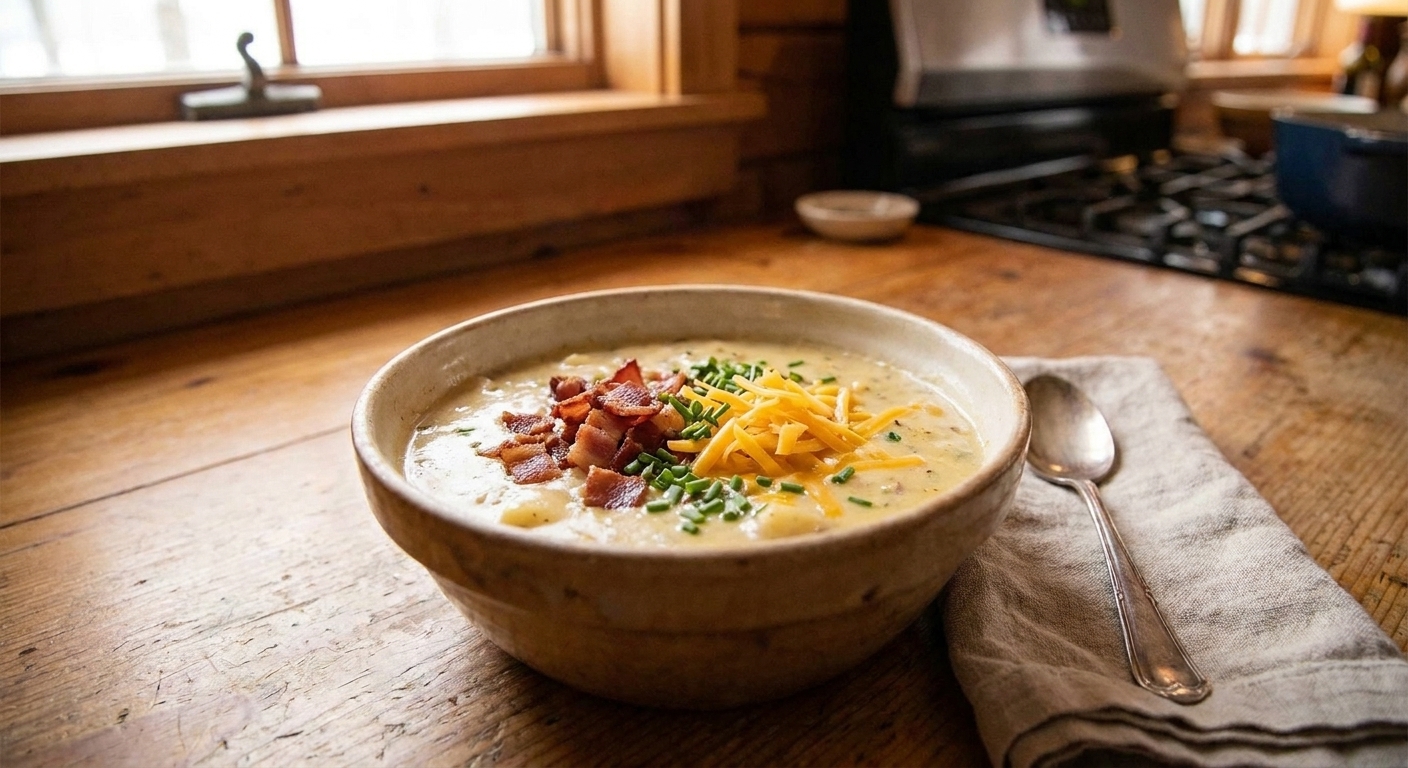 A bowl of cheesy potato soup topped with bacon, shredded cheddar, and chopped chives on a kitchen table setting with a napkin and spoon