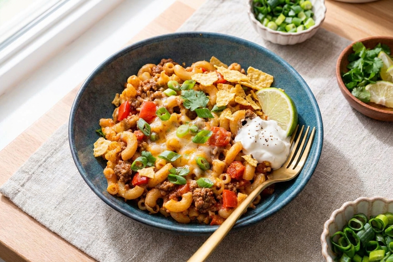 A bowl of cheesy taco pasta topped with cilantro, green onions, and crushed tortilla chips on a dining table with a fork