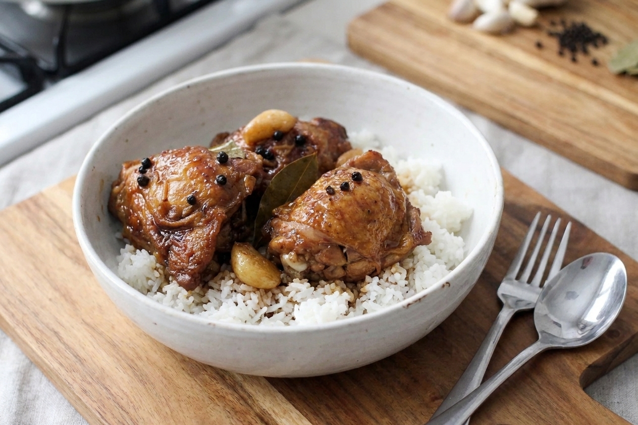 A bowl of chicken adobo Tagalog with glossy sauce spooned over steamed rice, set on a simple dinner table with a fork and spoon