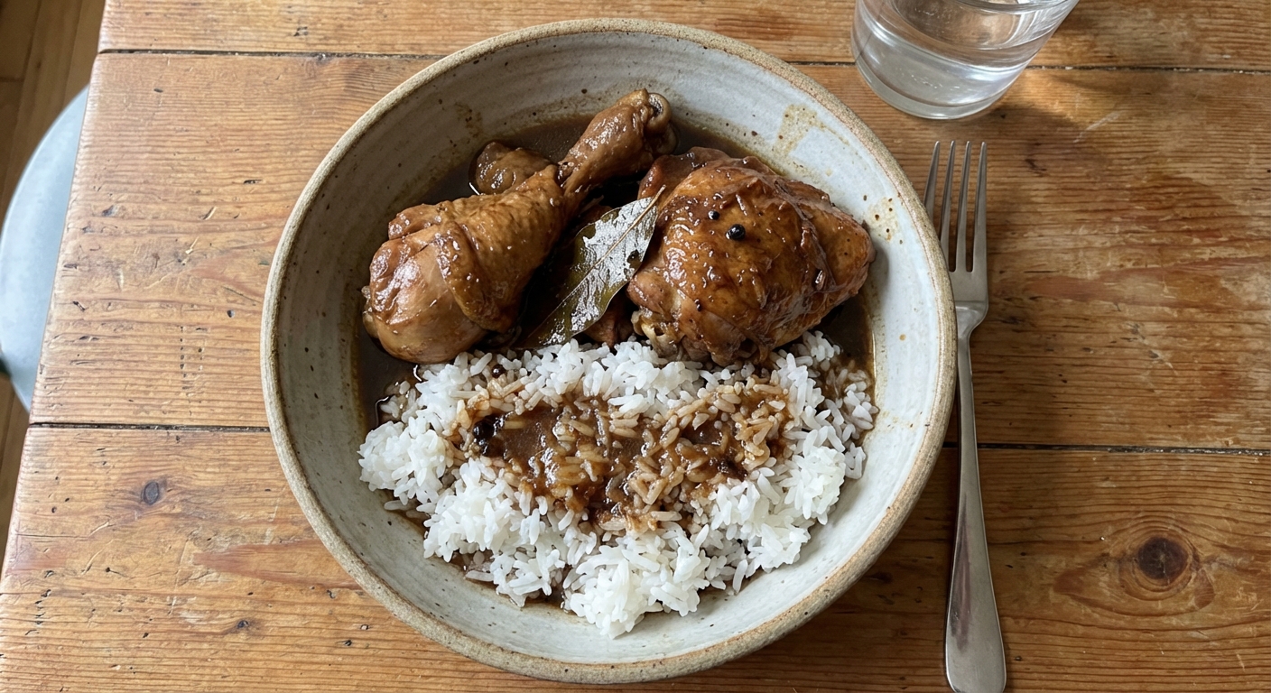 A bowl of chicken adobo over steamed white rice with sauce spooned on top