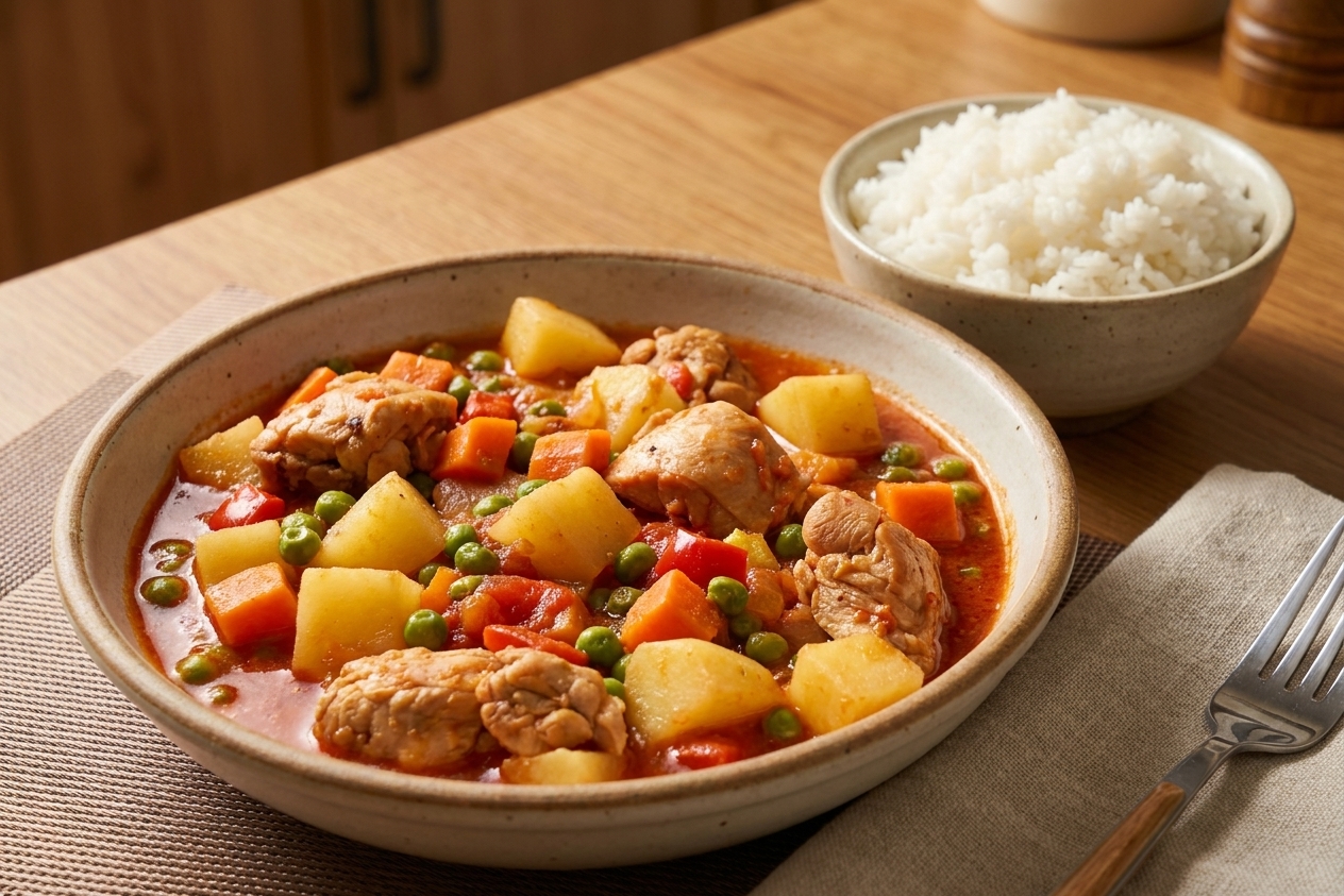 A bowl of chicken afritada with tender chicken pieces in a tomato-red sauce with potatoes, carrots, peas, and bell pepper, served beside steamed white rice on a warm kitchen table