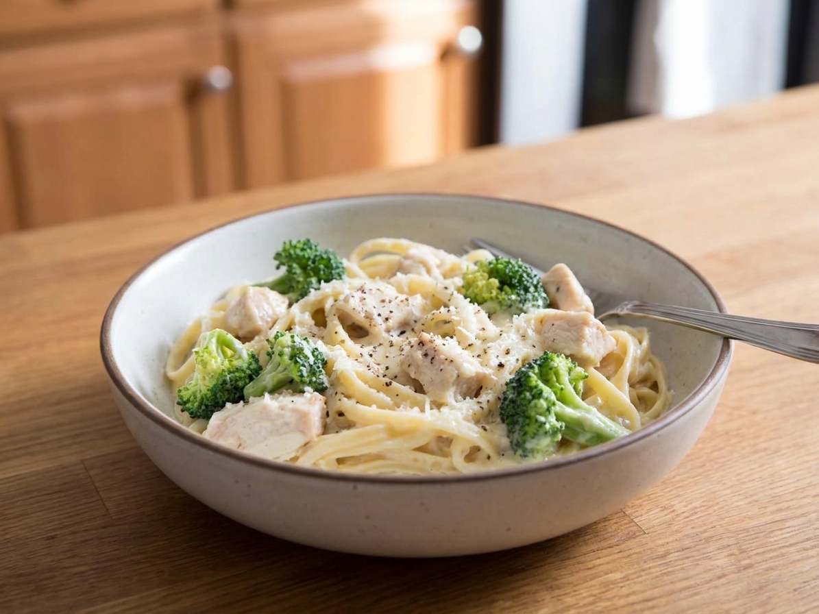 A bowl of chicken and broccoli Alfredo pasta with a creamy Parmesan sauce, black pepper on top, and a fork resting on the rim, on a warm-toned kitchen table