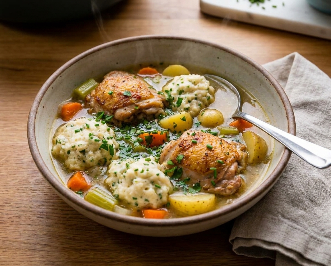 A bowl of chicken and dumpling soup topped with chopped parsley on a dinner table with a spoon and napkin