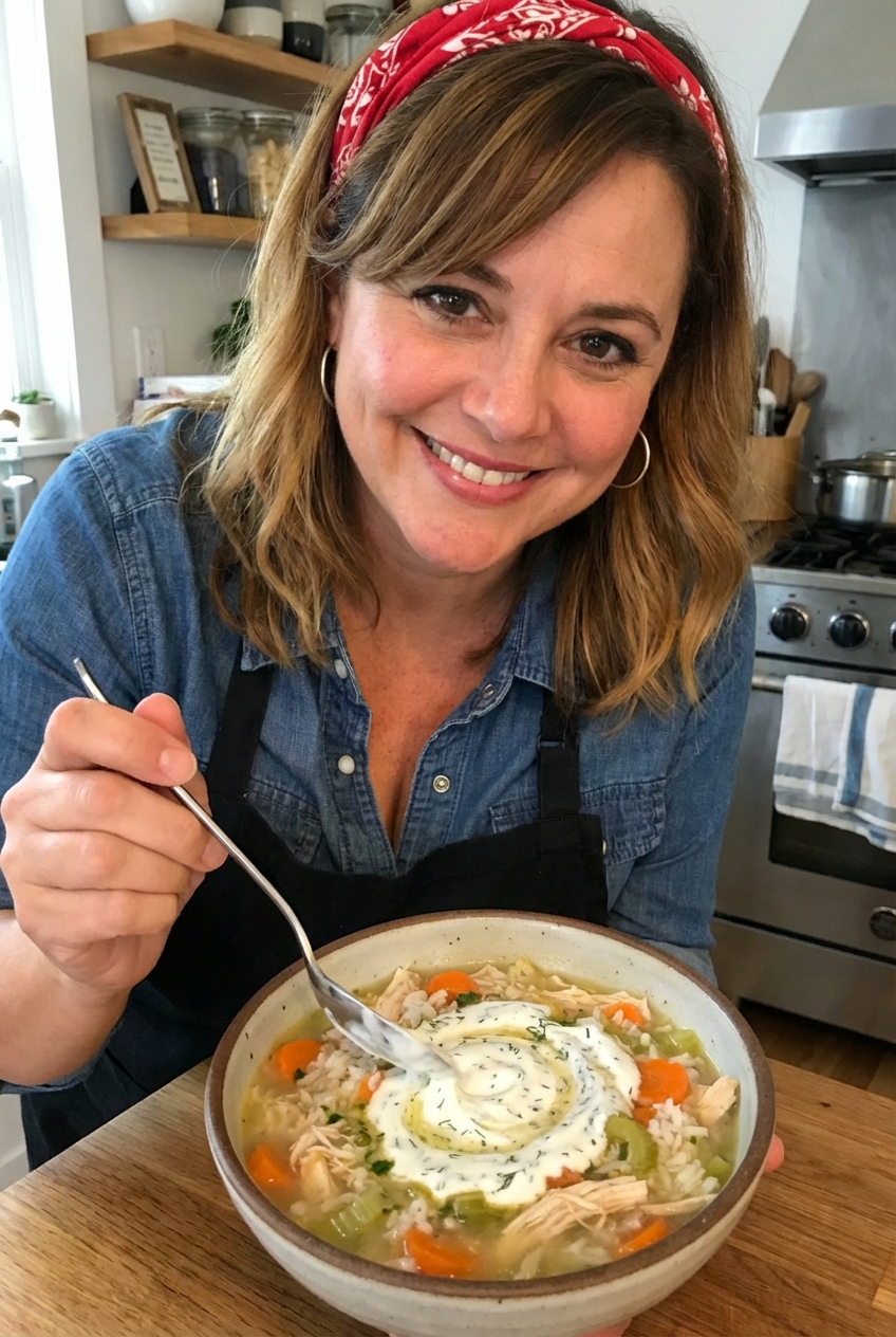 A bowl of chicken and rice soup being finished with a spoonful of herby yogurt swirl