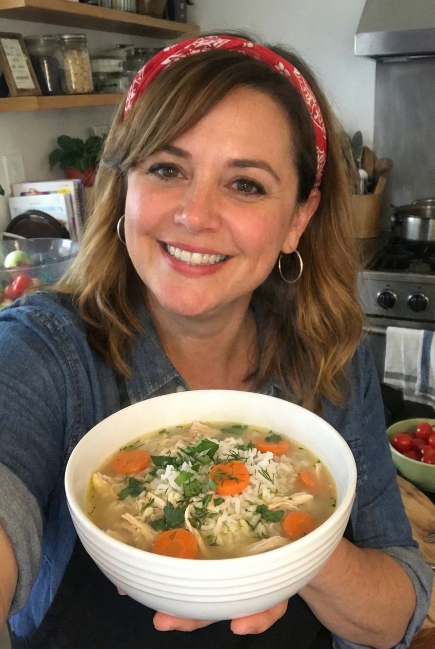 A bowl of chicken and rice soup with carrots and herbs