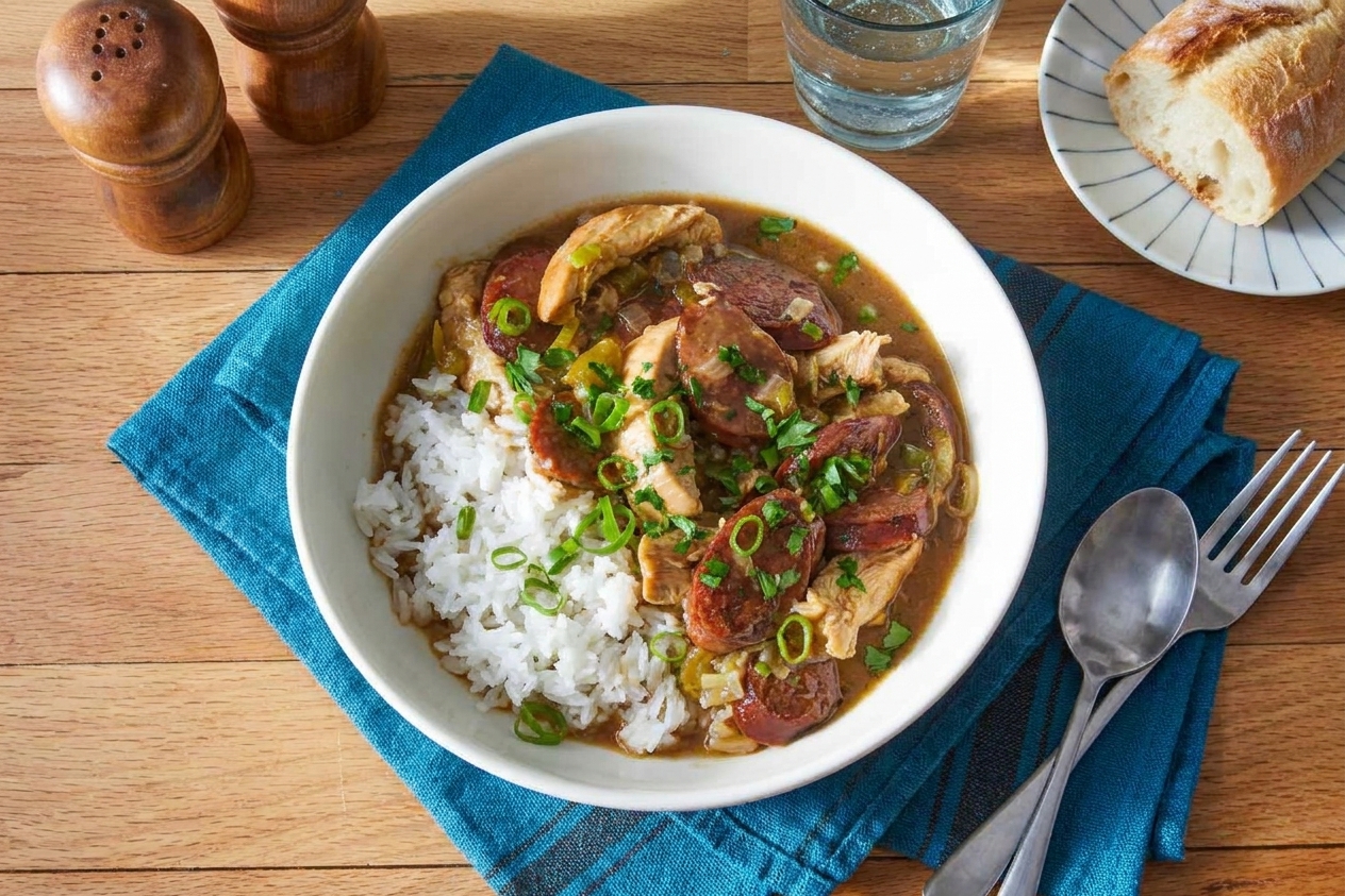 A bowl of chicken and sausage gumbo ladled over white rice, garnished with sliced scallions and parsley on a cozy dinner table
