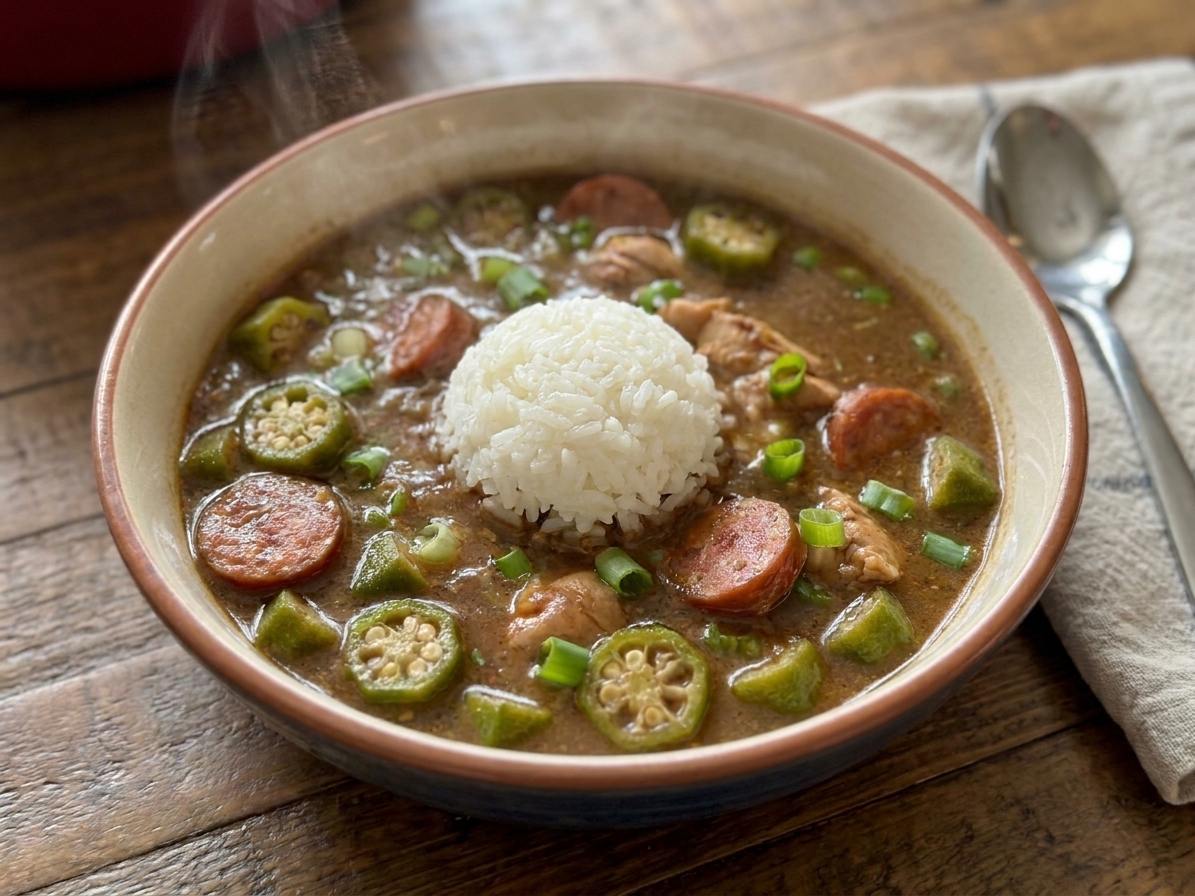 A bowl of chicken and sausage gumbo ladled over white rice with sliced scallions on top, sitting on a wooden table with a spoon beside it