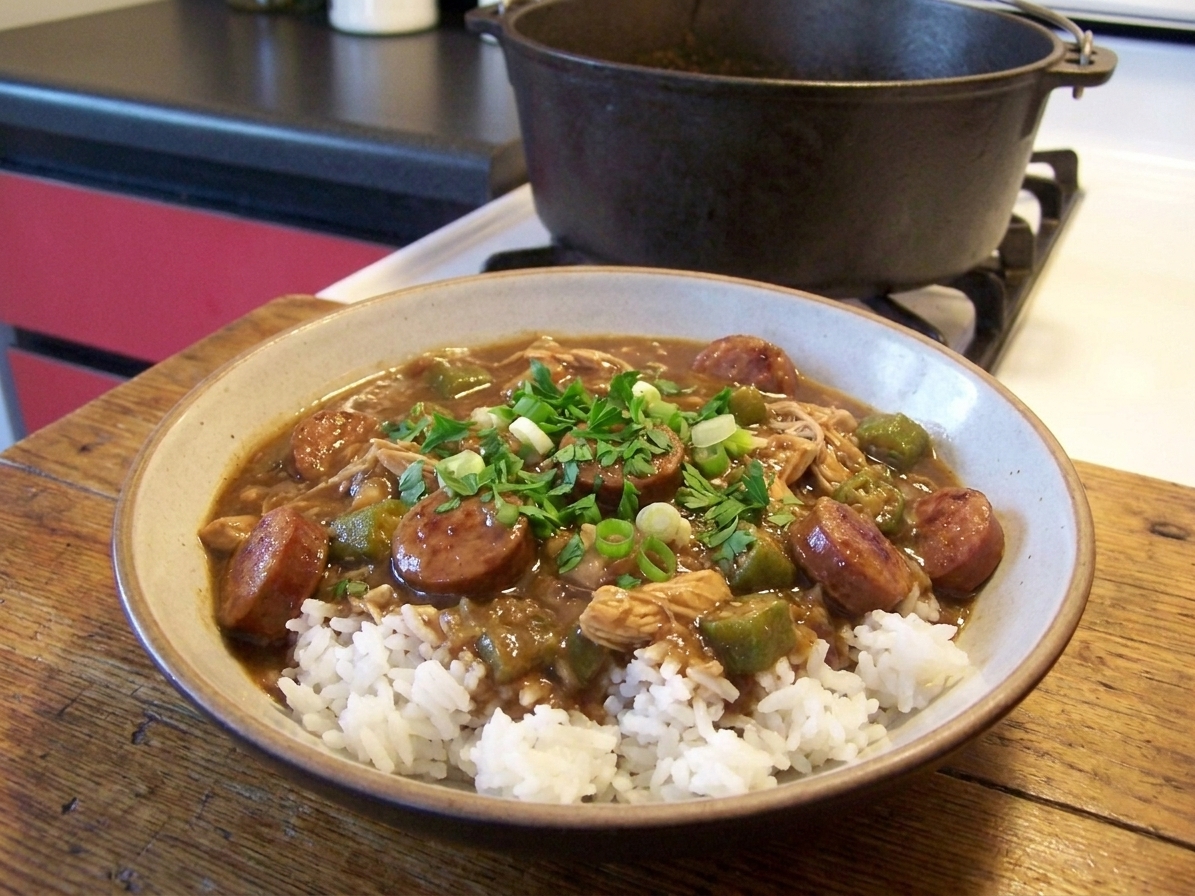 A bowl of chicken and sausage gumbo served over white rice, garnished with chopped parsley and sliced scallions on a wooden table