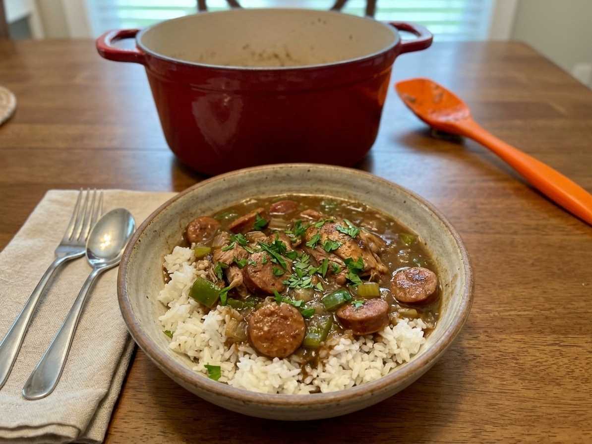 A bowl of chicken and sausage gumbo served over white rice with parsley on top on a simple dinner table setting