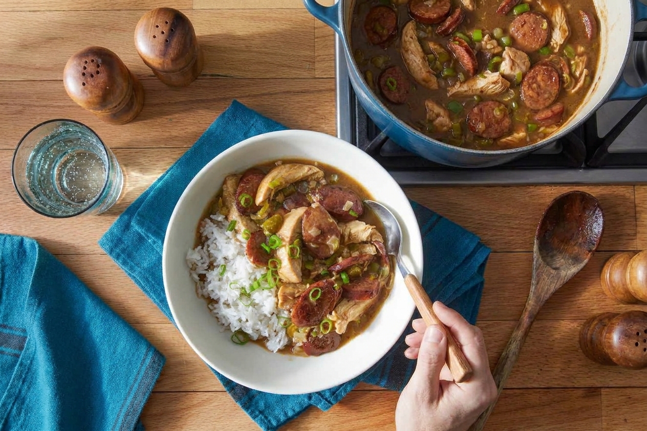 A bowl of chicken and sausage gumbo spooned over white rice, topped with sliced scallions, with a pot of gumbo in the background on a kitchen counter