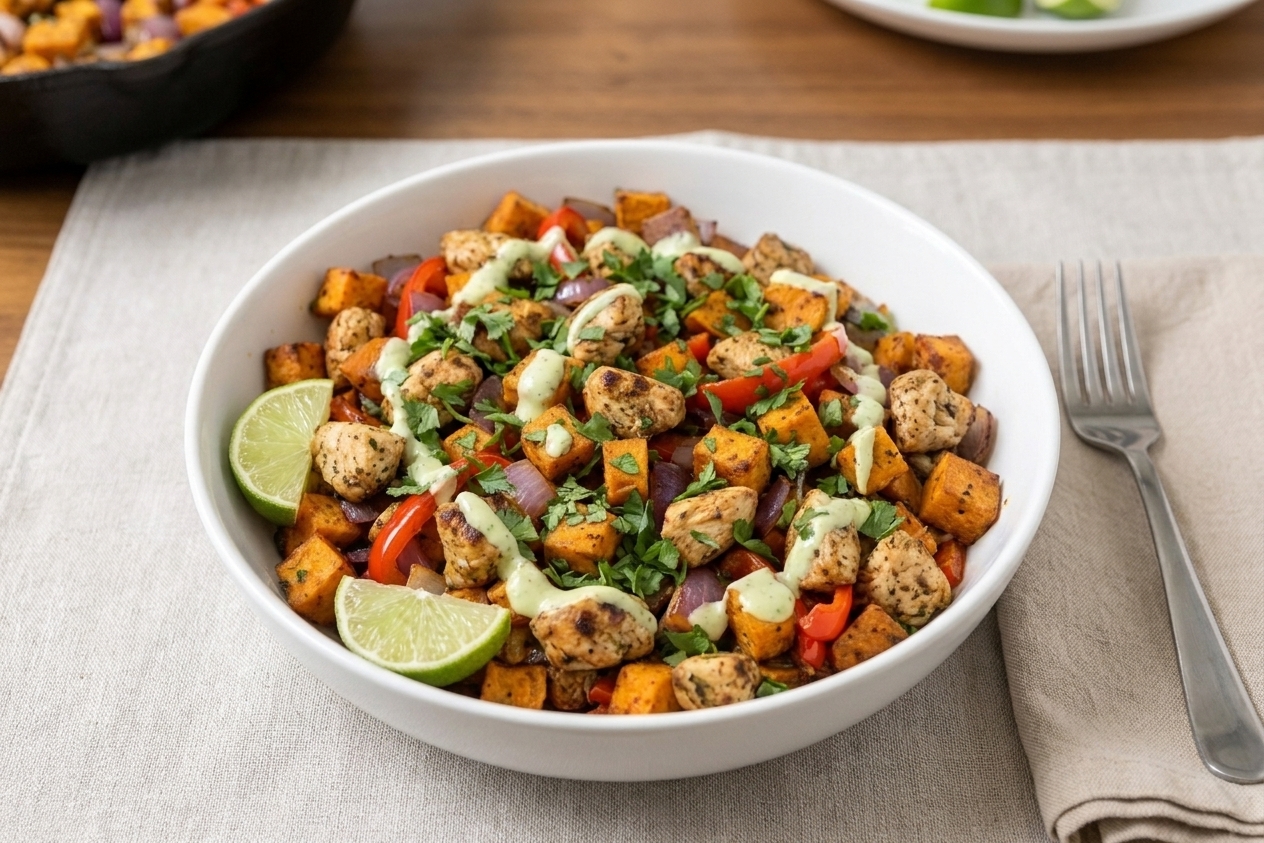 A bowl of chicken and sweet potato hash topped with cilantro and a drizzle of creamy lime sauce, with a lime wedge on the side on a simple dinner table setting