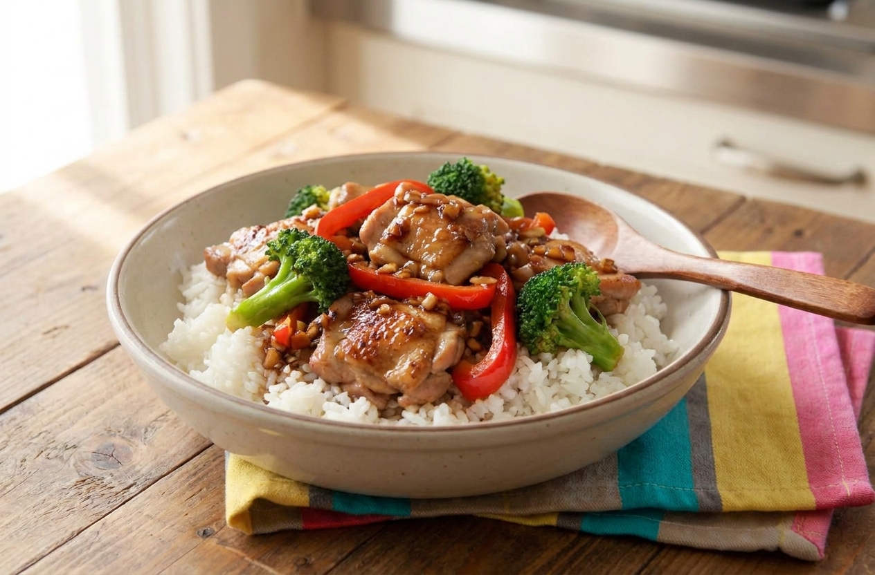 A bowl of chicken and vegetable stir-fry served over rice with a clean table setting in warm kitchen light