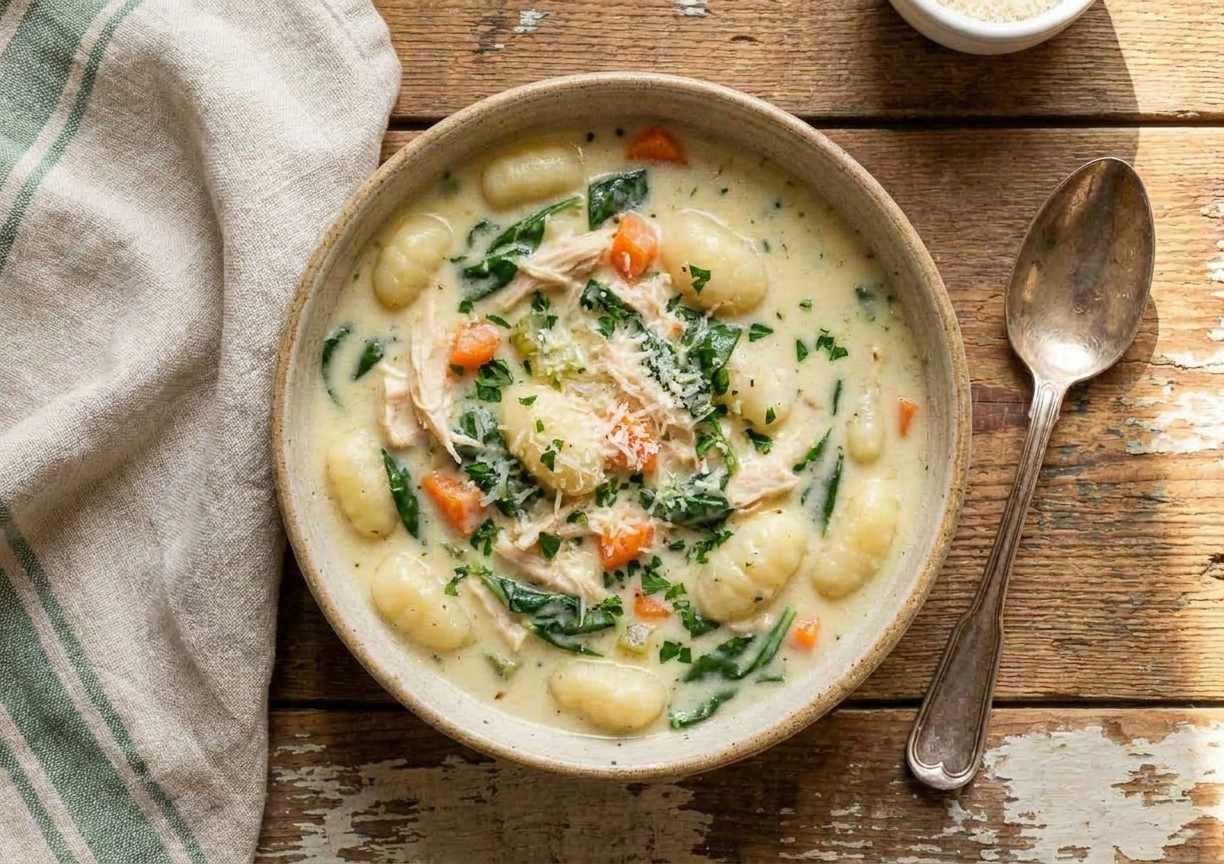 A bowl of chicken gnocchi soup topped with grated Parmesan and parsley on a dining table with a spoon beside it