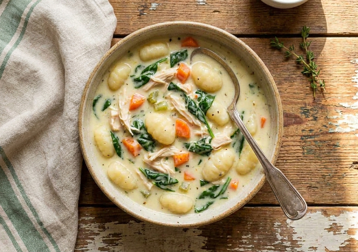 A bowl of chicken gnocchi soup with spinach and carrots on a rustic wooden table, with a spoon and soft napkin nearby