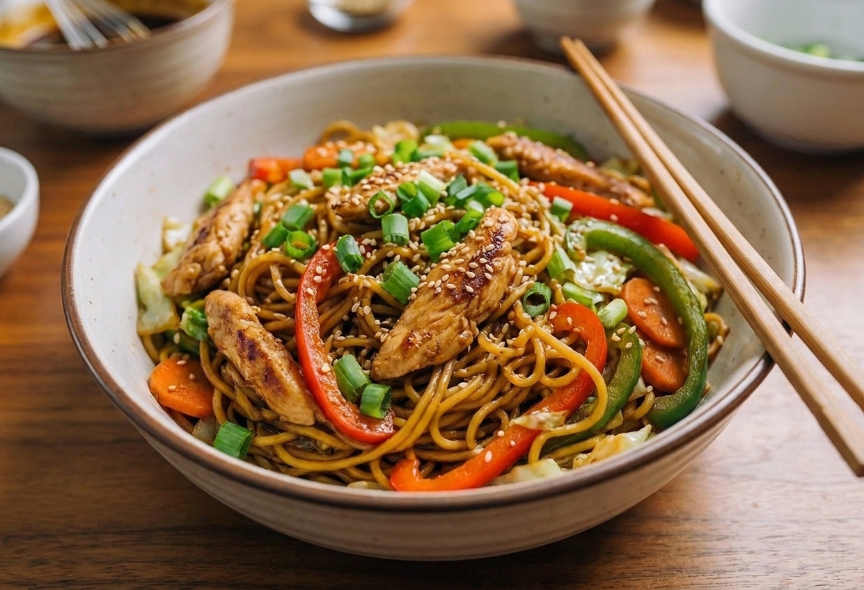 A bowl of chicken lo mein topped with sliced scallions and sesame seeds on a dinner table with chopsticks nearby