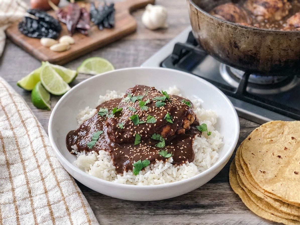 A bowl of chicken mole over white rice topped with sesame seeds and cilantro, with tortillas on the side
