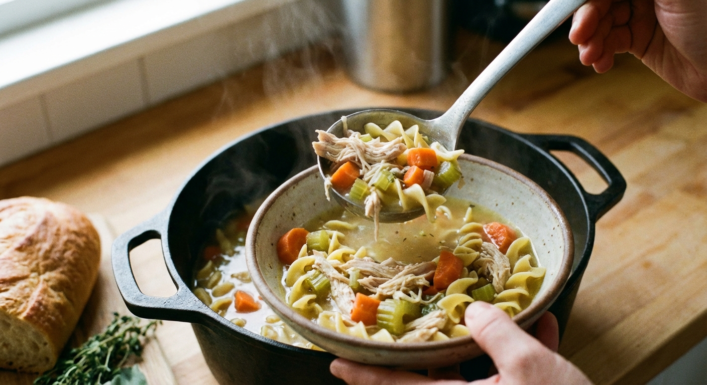 A bowl of chicken noodle soup being ladled from a pot with visible shredded chicken and carrots