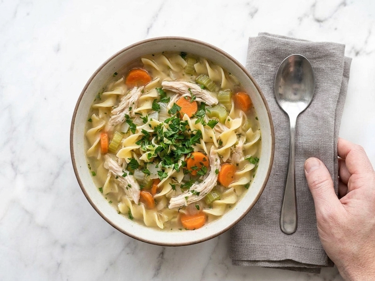 A bowl of chicken noodle soup topped with chopped parsley on a simple table setting with a spoon and napkin
