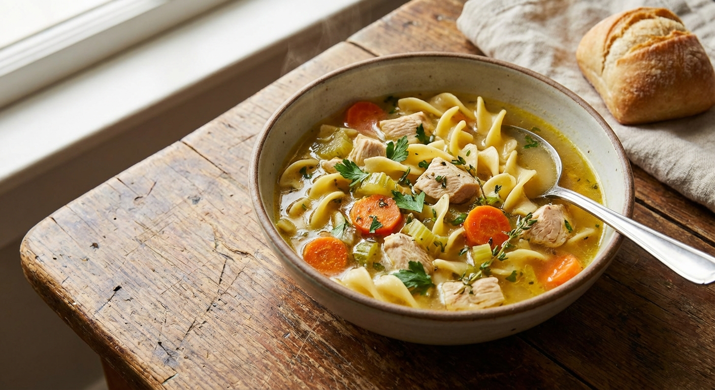 A bowl of chicken noodle soup with carrots and herbs on a wooden table