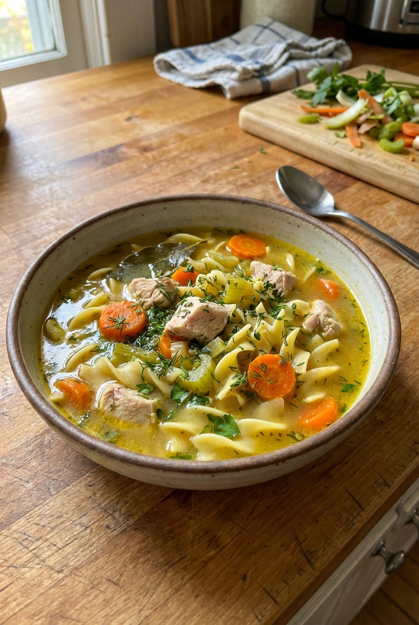 A bowl of chicken noodle soup with carrots, celery, and herbs