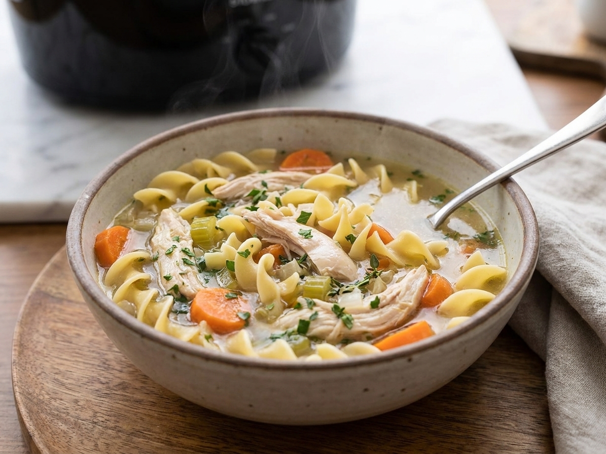 A bowl of chicken noodle soup with egg noodles, shredded chicken, carrots, celery, and chopped herbs on top, set on a simple dinner table
