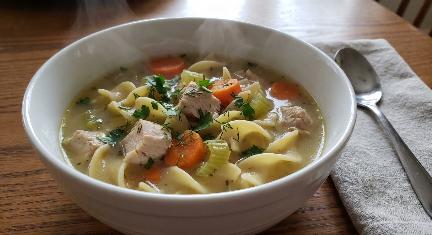 A bowl of chicken noodle soup with herbs in a white bowl