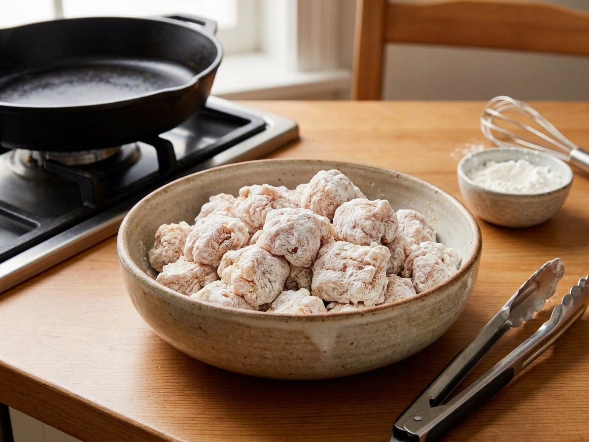 A bowl of chicken pieces coated in a pale cornstarch mixture, ready to fry on a kitchen counter next to tongs