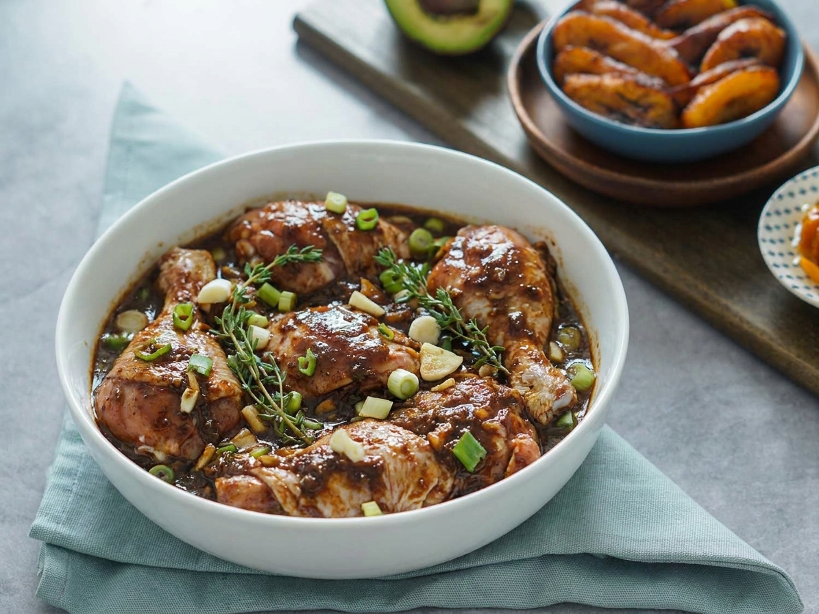 A bowl of chicken pieces coated in dark marinade with scallions, thyme, and garlic on a kitchen counter
