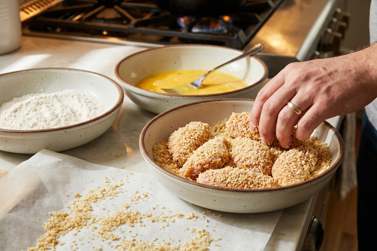 A bowl of chicken pieces coated in panko breadcrumbs beside bowls of flour and beaten eggs on a kitchen counter