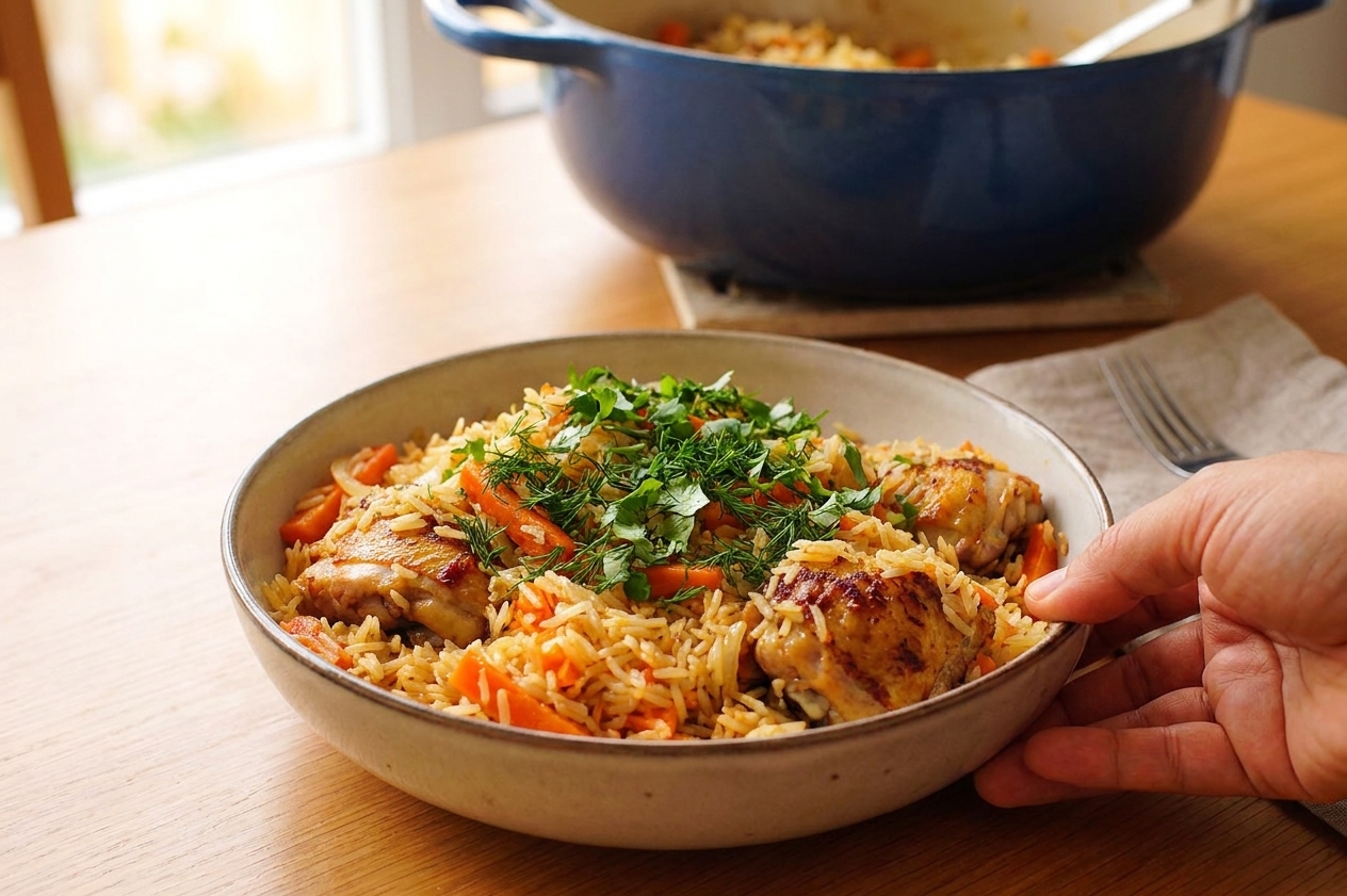 A bowl of chicken plov with fluffy rice and carrots, topped with fresh herbs, set on a simple dinner table with warm light