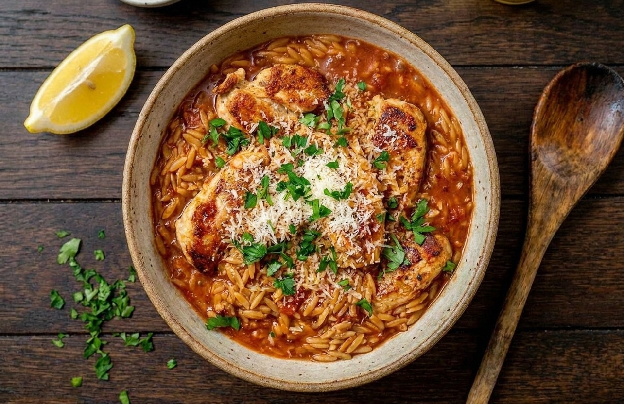 A bowl of chicken risoni topped with grated parmesan and chopped parsley on a wooden table with a lemon wedge nearby
