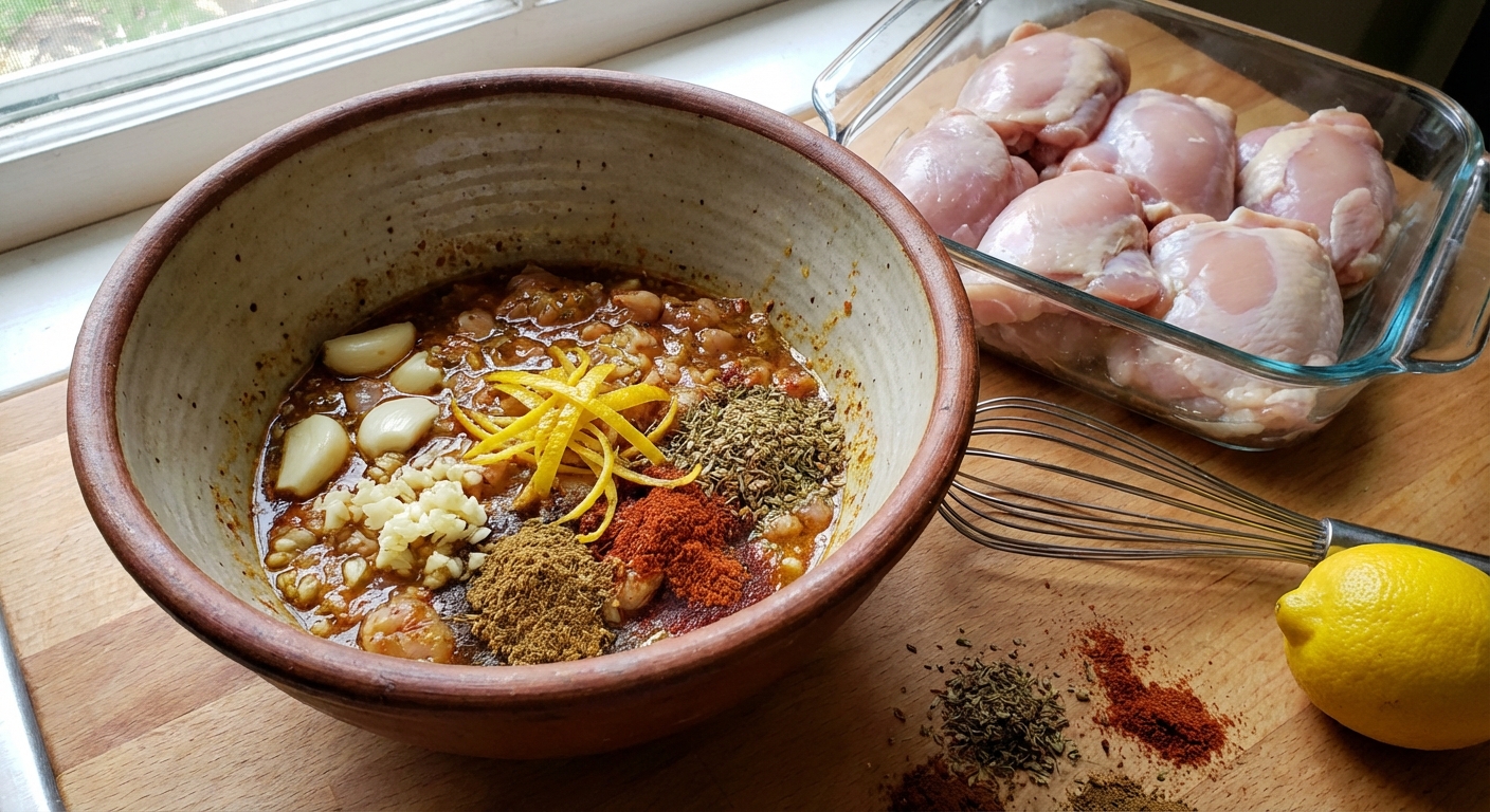 A bowl of chicken shawarma marinade with visible garlic, lemon zest, and spices next to raw chicken thighs
