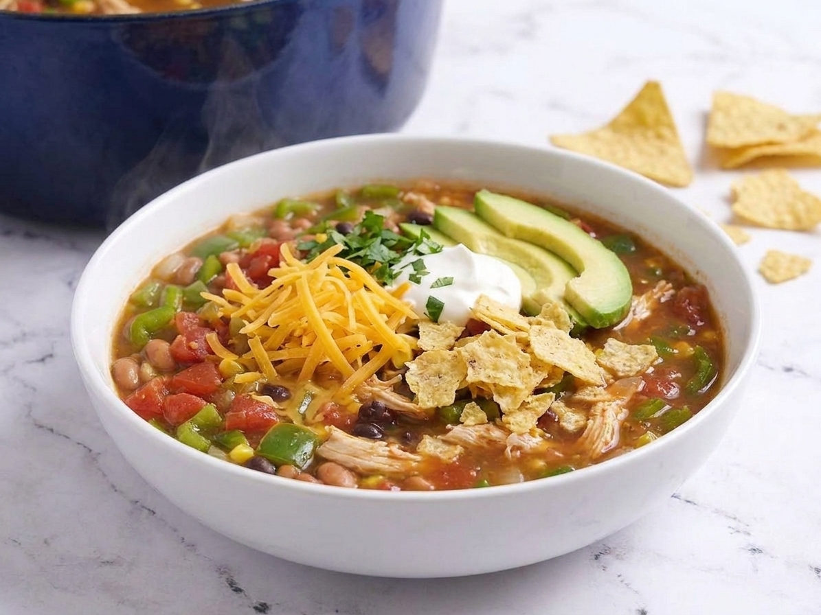 A bowl of chicken taco soup topped with shredded cheese, sour cream, avocado, cilantro, and tortilla chips