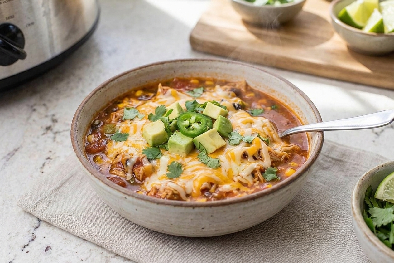 A bowl of chicken taco soup topped with shredded cheese, avocado cubes, cilantro, and sliced jalapeño on a neutral-toned table setting