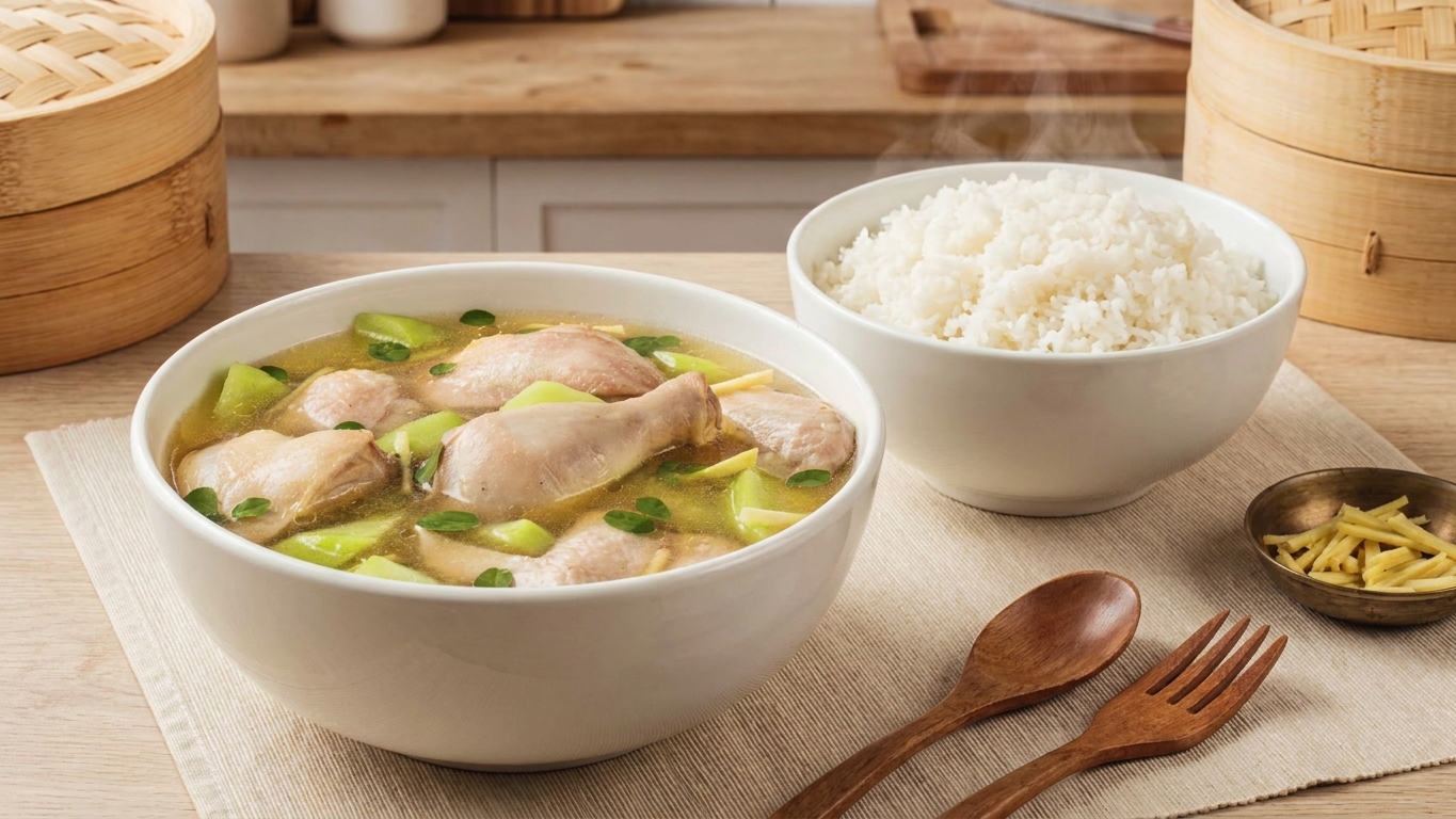 A bowl of chicken tinola with clear broth, chayote, and greens served beside a bowl of steamed white rice on a simple dinner table