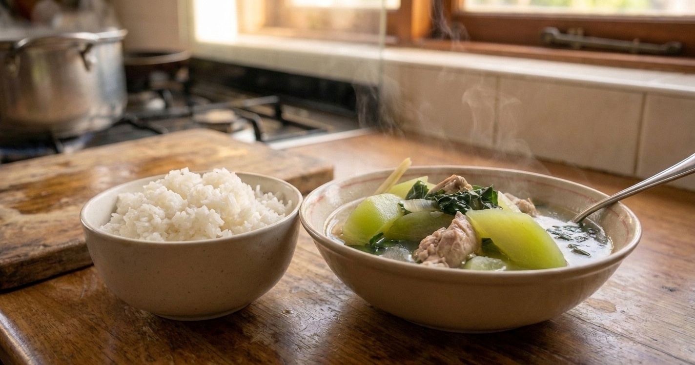 A bowl of chicken tinola with leafy greens and green papaya served beside a bowl of steamed white rice on a simple table setting