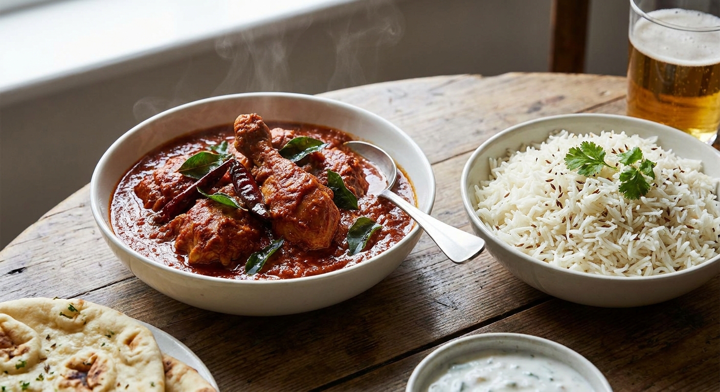 A bowl of chicken vindaloo with deep red sauce served alongside fluffy basmati rice on a wooden table, with a spoon resting on the bowl