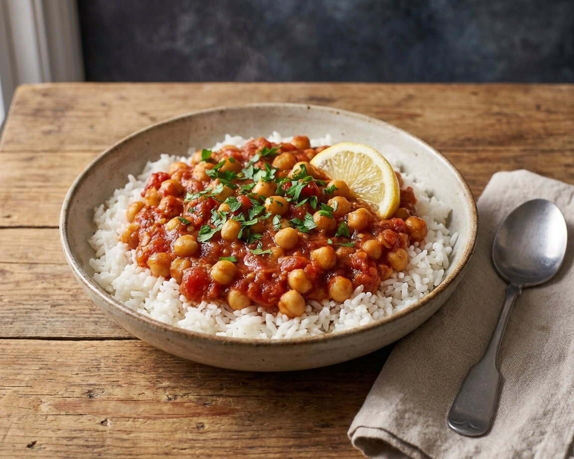 A bowl of chickpeas in tomato sauce served over rice, topped with parsley and a lemon wedge, set on a simple dinner table with a spoon and napkin