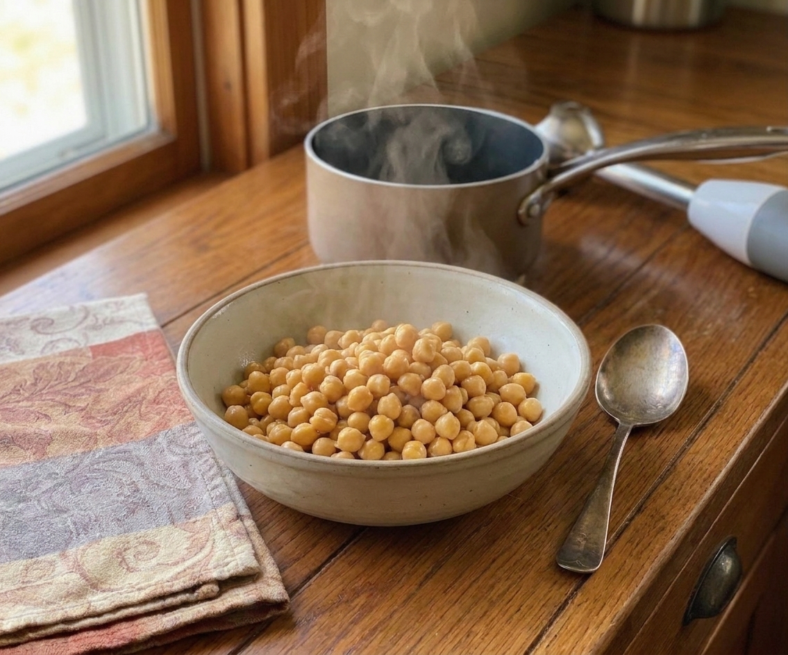 A bowl of chickpeas warmed for blending on a kitchen counter