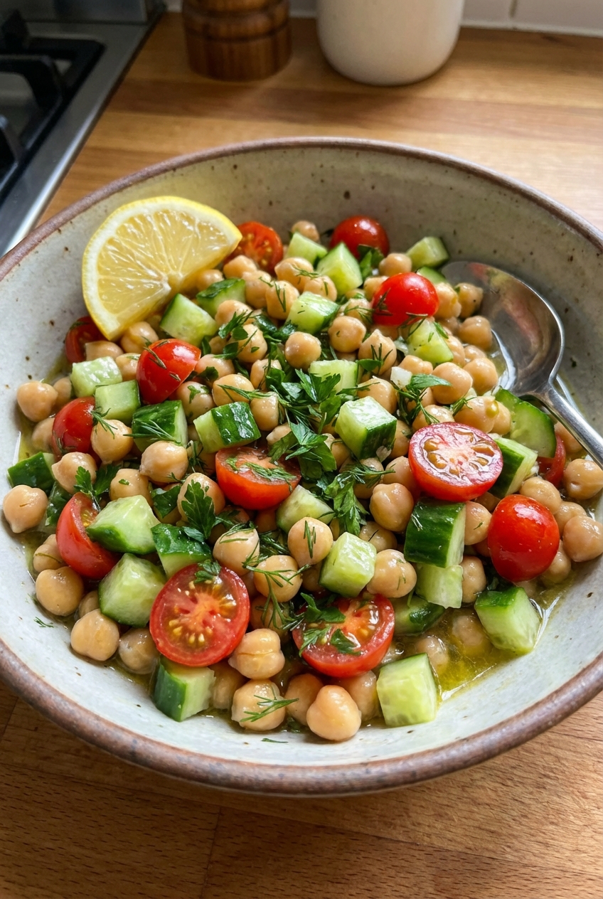A bowl of chickpeas with cucumber, tomatoes, herbs, and a lemon dressing