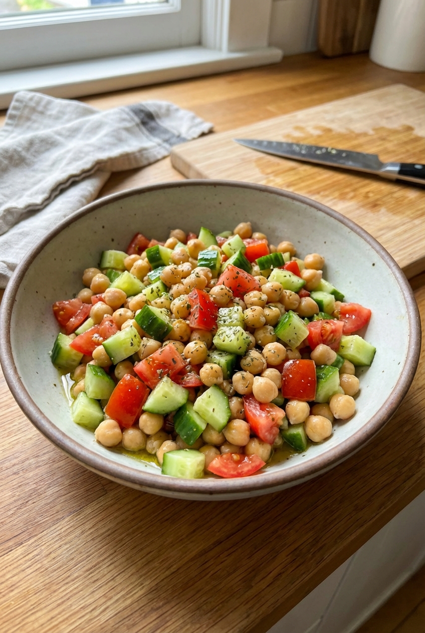 A bowl of chickpeas with diced cucumber and tomato