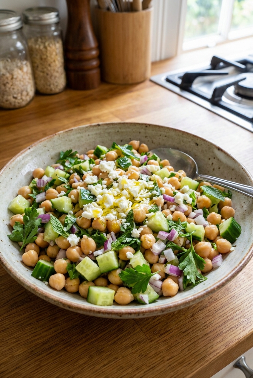 A bowl of chickpeas with diced cucumber, red onion, and herbs