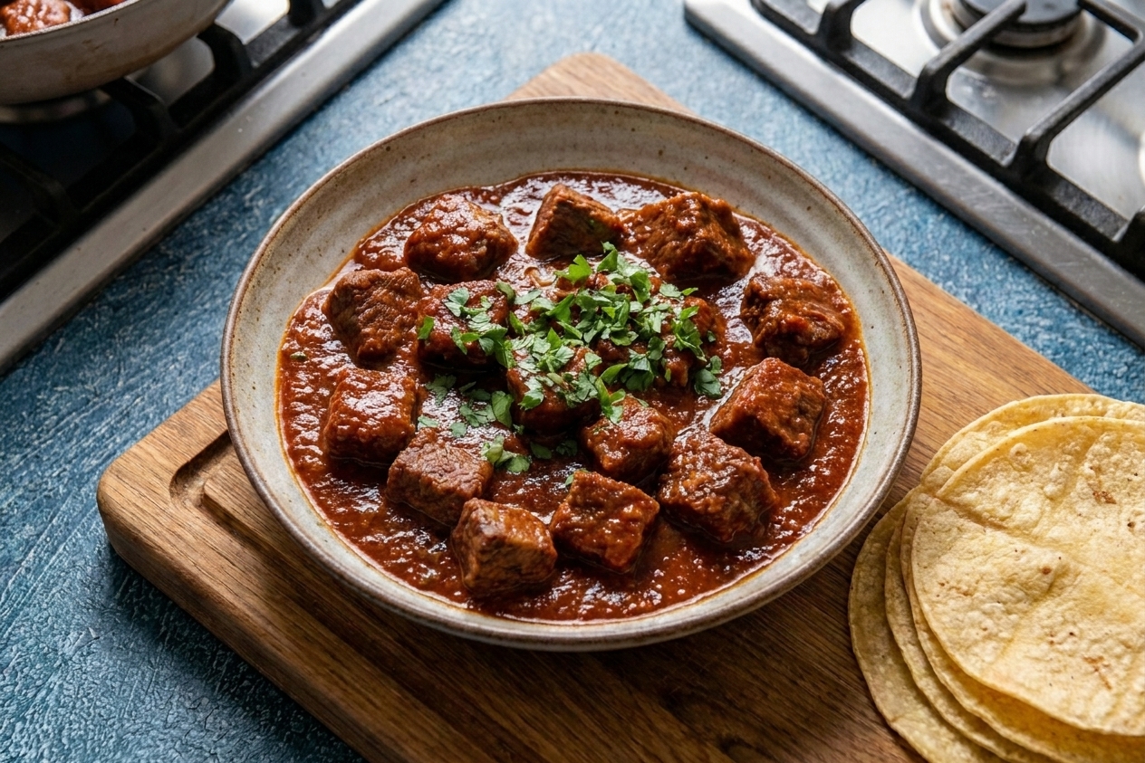 A bowl of chile colorado with tender beef chunks in a deep red sauce, garnished with chopped cilantro and served with warm tortillas on a wooden table