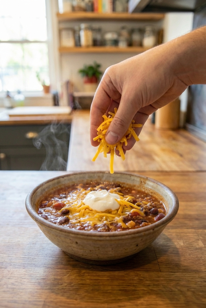 A bowl of chili being topped with shredded cheese and sour cream