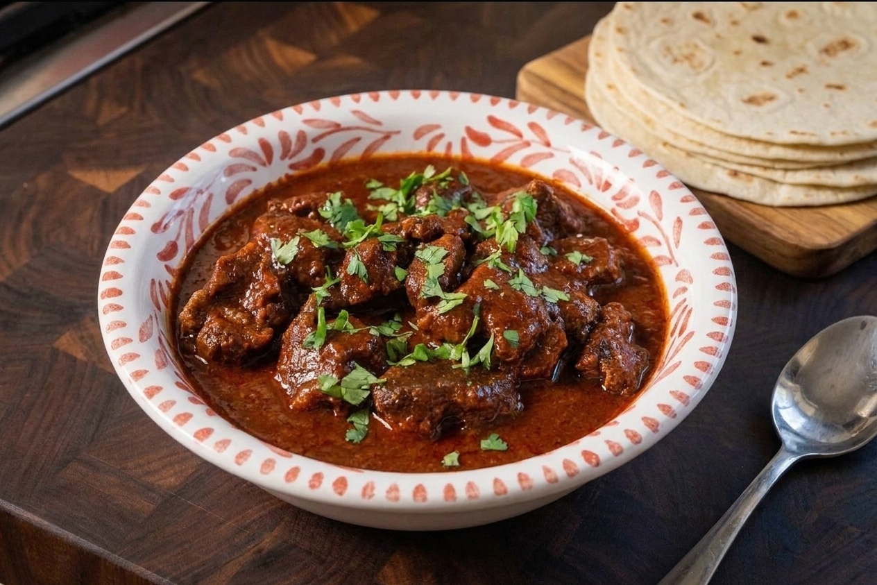 A bowl of chili colorado with tender beef chunks coated in deep red chile sauce, garnished with chopped cilantro, on a wooden table with warm tortillas nearby