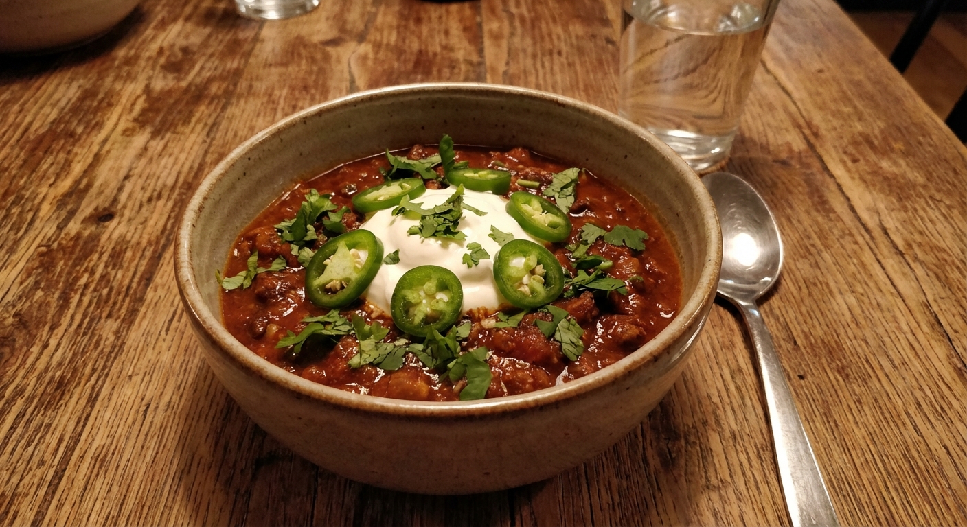 A bowl of chili con carne topped with sour cream, sliced jalapenos, and chopped cilantro on a wooden table